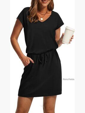 V-Neck T-Shirt Dress with Tie Waist and Pockets, Casual Mini Sundress
